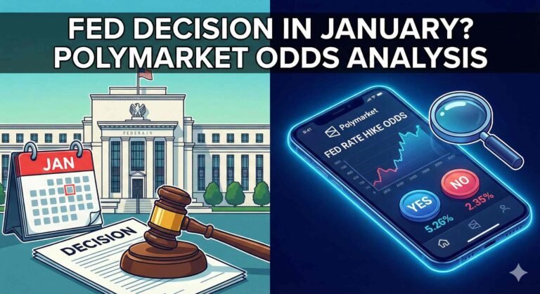 A split-screen infographic contrasting a cartoon Federal Reserve building, a 'JAN' calendar, and a gavel on the left with a neon-lit smartphone displaying Polymarket betting odds for a 'FED RATE HIKE' on the right. The title text across the top reads: 'FED DECISION IN JANUARY? POLYMARKET ODDS ANALYSIS