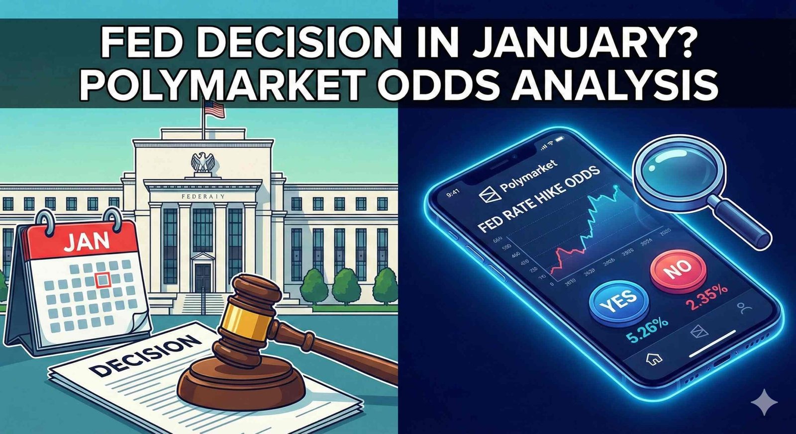 A split-screen infographic contrasting a cartoon Federal Reserve building, a 'JAN' calendar, and a gavel on the left with a neon-lit smartphone displaying Polymarket betting odds for a 'FED RATE HIKE' on the right. The title text across the top reads: 'FED DECISION IN JANUARY? POLYMARKET ODDS ANALYSIS