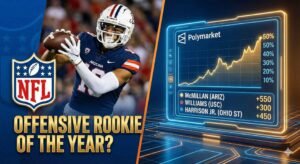Digital illustration of Tetairoa McMillan in a football uniform, next to a rising Polymarket graph showing his odds for winning the NFL Offensive Rookie of the Year award