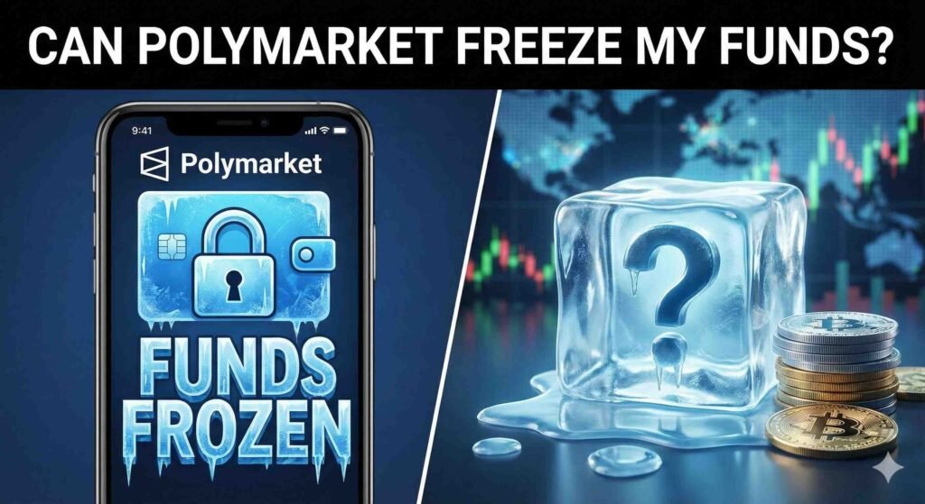 A dramatic illustration of a digital cryptocurrency wallet encased in a block of ice with a padlock on the front, visualizing the concept of frozen assets and account restrictions on the Polymarket platform.