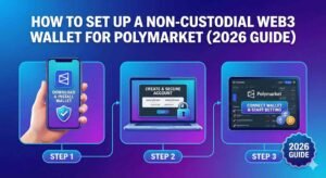 A three-step infographic guide titled 'HOW TO SET UP A NON-CUSTODIAL WEB3 WALLET FOR POLYMARKET (2026 GUIDE)'. Step 1 shows a hand holding a smartphone with a 'DOWNLOAD & INSTALL WALLET' icon. Step 2 displays a laptop with a 'CREATE & SECURE ACCOUNT' screen and seed phrase. Step 3 features a tablet showing the Polymarket interface with a 'CONNECT WALLET & START BETTING' button. A '2026 GUIDE' badge is in the corner.