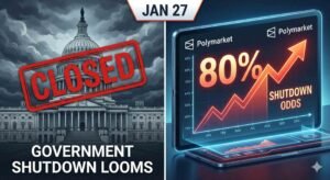 A split-screen digital illustration designed for a Reddit post. The left side features a dark, stormy image of the US Capitol building stamped with a large red 'CLOSED' sign. The right side shows a glowing tablet interface displaying a rising graph with '80%' and 'SHUTDOWN ODDS'. A small Reddit logo appears in the corner. The main text overlay at the bottom reads: 'POLYMARKET BRIEFING: SHUTDOWN ODDS HIT 80%