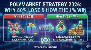 A split-screen digital illustration contrasting a frustrated trader with red downward charts against a calm, professional strategist with green profit graphs, visualizing the gap between the '80% who lose' and the '1% who win' in Polymarket trading for 2026.