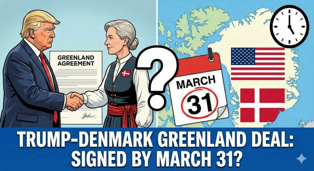A split-panel cartoon illustration features Donald Trump shaking hands with a woman in Danish traditional dress over a 'Greenland Agreement' document on the left. On the right, a map of Greenland, US and Danish flags, a calendar marked 'March 31', and a clock are shown. A large question mark separates the panels, and the text 'TRUMP-DENMARK GREENLAND DEAL: SIGNED BY MARCH 31?' appears below, visualizing the speculation surrounding the deal's timeline.
