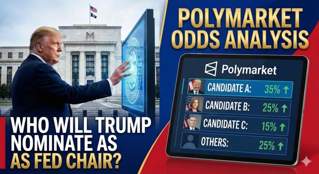 Digital illustration of Donald Trump and the Federal Reserve building, featuring a Polymarket odds chart analyzing the betting probabilities for the next Fed Chair nominee.