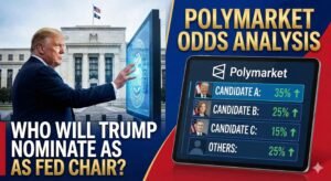 Digital illustration of Donald Trump and the Federal Reserve building, featuring a Polymarket odds chart analyzing the betting probabilities for the next Fed Chair nominee.