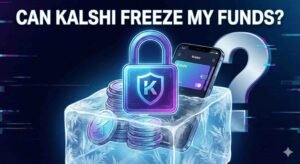A digital illustration featuring a smartphone displaying the Kalshi app and stacks of coins encased in a block of ice, symbolizing frozen funds. A large, glowing padlock with a shield icon sits atop the ice, while a question mark looms in the background. The text 'CAN KALSHI FREEZE MY FUNDS?' appears at the top.
