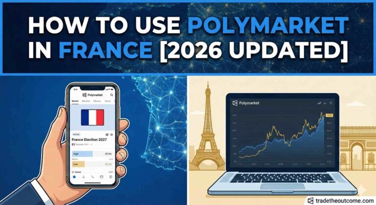 A split-panel digital illustration titled 'HOW TO USE POLYMARKET IN FRANCE [2026 UPDATED]'. The top banner features the text overlaid on a glowing network map of Europe. The bottom left shows a hand holding a smartphone displaying a Polymarket market for the 'France Election 2027' alongside a French flag. The bottom right displays a laptop showing a Polymarket trading chart, set against stylized illustrations of the Eiffel Tower and Arc de Triomphe. A 'tradetheoutcome.com' watermark is visible in the bottom right corner.