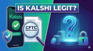 A split-screen digital illustration titled 'IS KALSHI LEGIT?'. The left side symbolizes trust and regulation, featuring a smartphone with the Kalshi app, a security shield, and a document under a magnifying glass labeled 'CFTC REGULATED'. The right side represents the user's inquiry into safety, showing a large glowing question mark, stacks of digital coins, and a secure lock icon.