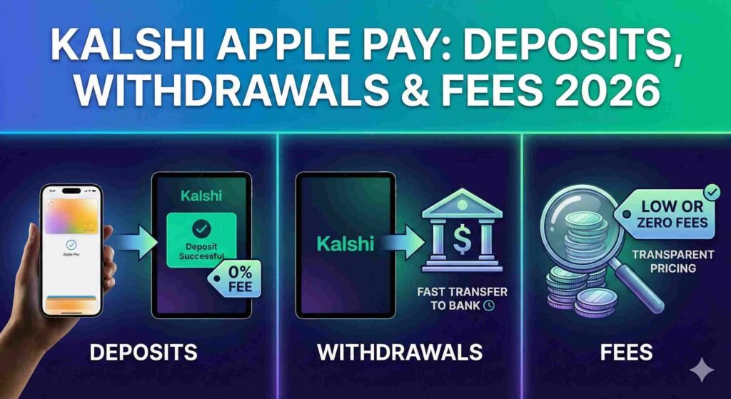 A three-panel infographic titled 'KALSHI APPLE PAY: DEPOSITS, WITHDRAWALS & FEES 2026'. The left panel, labeled 'DEPOSITS', shows an iPhone authorizing an Apple Pay transaction into the Kalshi app with a '0% FEE' tag. The center panel, 'WITHDRAWALS', depicts funds moving from Kalshi to a bank institution, noted as 'FAST TRANSFER'. The right panel, 'FEES', features a magnifying glass inspecting a stack of coins with a tag reading 'LOW OR ZERO FEES'
