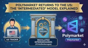 A process flow infographic titled 'POLYMARKET RETURNS TO THE US: THE 'INTERMEDIATED' MODEL EXPLAINED'. On the left, a 'US TRADER' sits at a laptop with a US flag. An arrow points to the center, a classical building labeled 'REGULATED INTERMEDIARIES (FCMs/Brokerages)' featuring a compliance shield. A final arrow leads to the right, showing the Polymarket logo surrounded by Polygon and currency icons