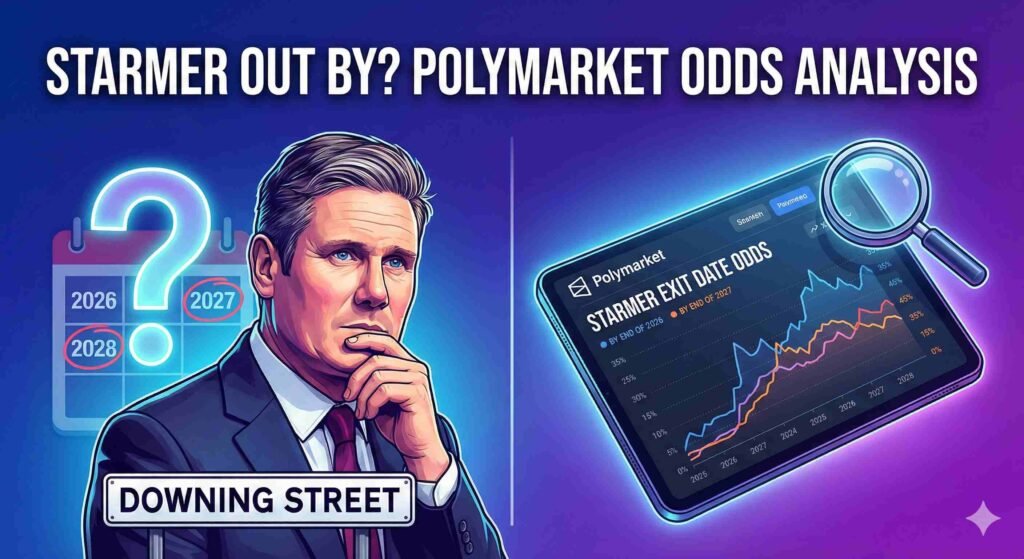 A split-screen digital illustration. The left side features a contemplative Keir Starmer next to a 'Downing Street' sign, with a calendar background highlighting potential exit years (2026, 2027, 2028) and a large question mark. The right side displays a tablet showing a Polymarket graph titled 'Starmer Exit Date Odds' with trend lines. The header text reads: 'STARMER OUT BY? POLYMARKET ODDS ANALYSIS'