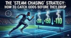 A dynamic digital illustration titled 'THE 'STEAM CHASING' STRATEGY: HOW TO CATCH ODDS BEFORE THEY DROP'. A sprinter races on a futuristic track towards a scoreboard displaying odds dropping (+200 to +150 to -110) with steam rising from them, symbolizing the urgency of the strategy. A watermark for 'tradetheoutcome.com' is visible in the bottom right corner.