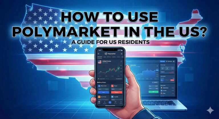 A digital illustration showing a hand holding a smartphone displaying the Polymarket interface, with a laptop showing the desktop version in the background. They are set against a backdrop of a United States map with a flag texture. The main title text reads: 'HOW TO USE POLYMARKET IN THE US? A GUIDE FOR US RESIDENTS