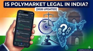 A digital illustration titled 'IS POLYMARKET LEGAL IN INDIA? [2026 UPDATED]'. The background features the colors of the Indian flag. On the left, a hand holds a smartphone displaying Polymarket prediction markets related to Indian crypto regulations. On the right, a glowing digital map of India containing a large question mark and cryptocurrency icons is surrounded by legal symbols, including scales of justice, a judge's gavel, the Ashoka Chakra, and a silhouette of the India Gate. A 'tradetheoutcome.com' watermark is visible in the bottom right corner.