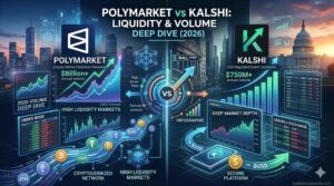 A dynamic 16:9 featured image for an article Comparing Polymarket vs Kalshi in 2026. The split-screen illustration shows Polymarket (Crypto-Native, P logo, Green/Teal branding) on the left, with deep order book depth, rising transactional volume charts ($Billion+ 2026 Volume, $USD, ETH), and narrow bid-ask spreads. On the right is Kalshi (US-Regulated, K logo, Dark Blue branding), featuring deep market depth charts, increasing annual volume bar graphs ($750M+ 2026 Volume), and secure exchange interfaces. The overarching bold title, 'POLYMARKET vs KALSHI: LIQUIDITY & VOLUME DEEP DIVE (2026)', is centered in a futuristic digital style with glowing data points and the city skyline background at dusk. A central 'VS' symbol with interconnected data networks is prominent. 'tradetheoutcome.com' watermark is in the bottom right corner.