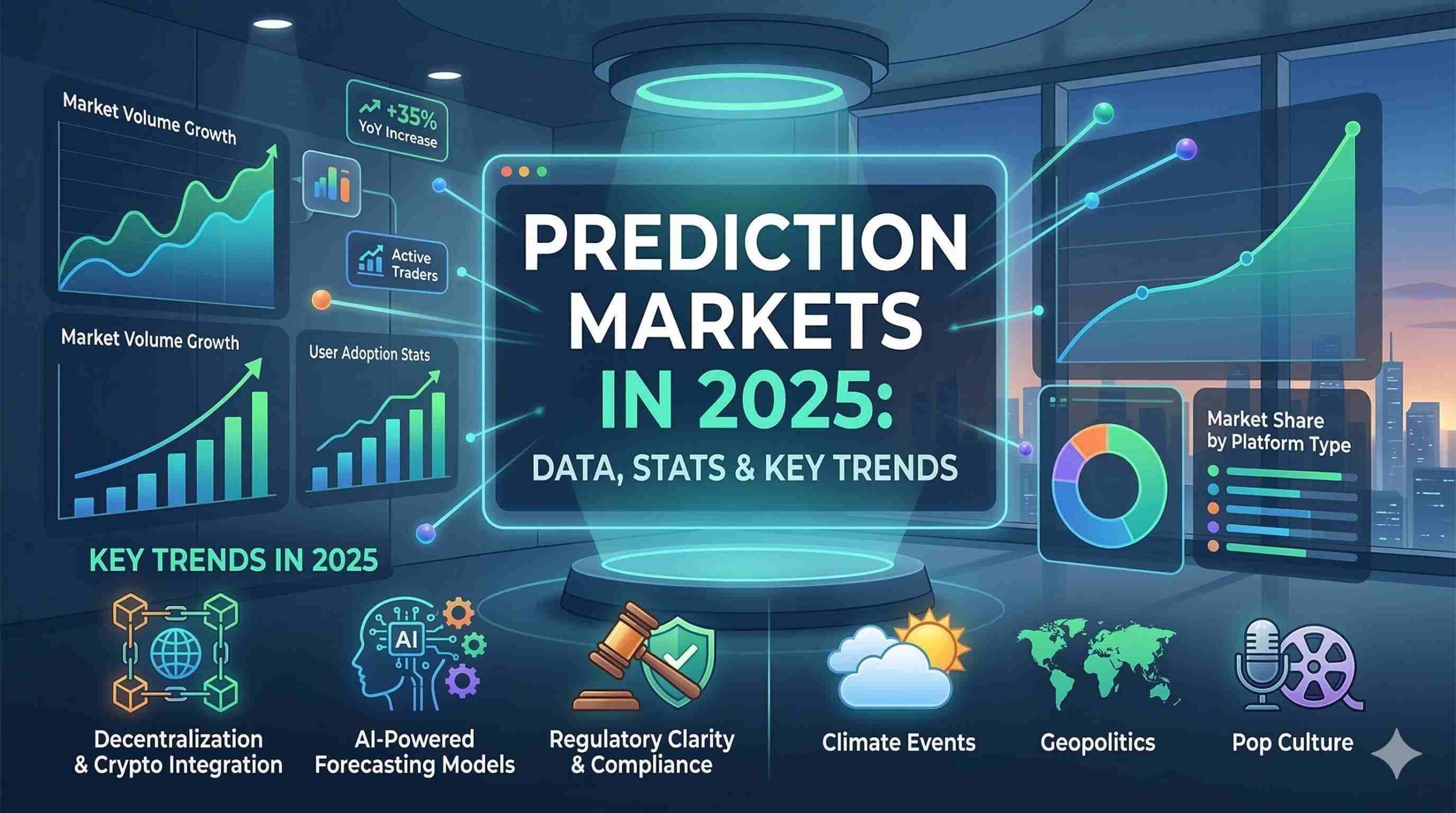A futuristic digital infographic titled "PREDICTION MARKETS IN 2025: DATA, STATS & KEY TRENDS."