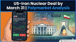 Graphic titled 'US-Iran Nuclear Deal by March 31 | Polymarket Analysis'. A hand holds a smartphone displaying Polymarket prediction odds for the event, set against a background featuring the White House, Iran's Azadi Tower, financial charts, and a glowing nuclear atom symbol.
