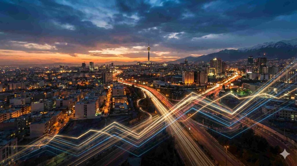 A dramatic, photorealistic view of the Tehran skyline at dusk, featuring the Milad Tower in the distance. Glowing, abstract light trails form an upward-trending financial line chart in the foreground, blending seamlessly with the illuminated city streets and highways below