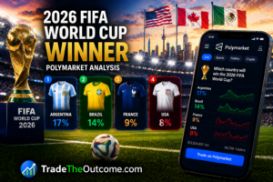 2026 FIFA World Cup winner Polymarket analysis infographic showing football stadium with World Cup trophy and national team jerseys, a smartphone displaying Polymarket prediction market odds, and Tradetheoutcome.com watermark in a clean news-style design