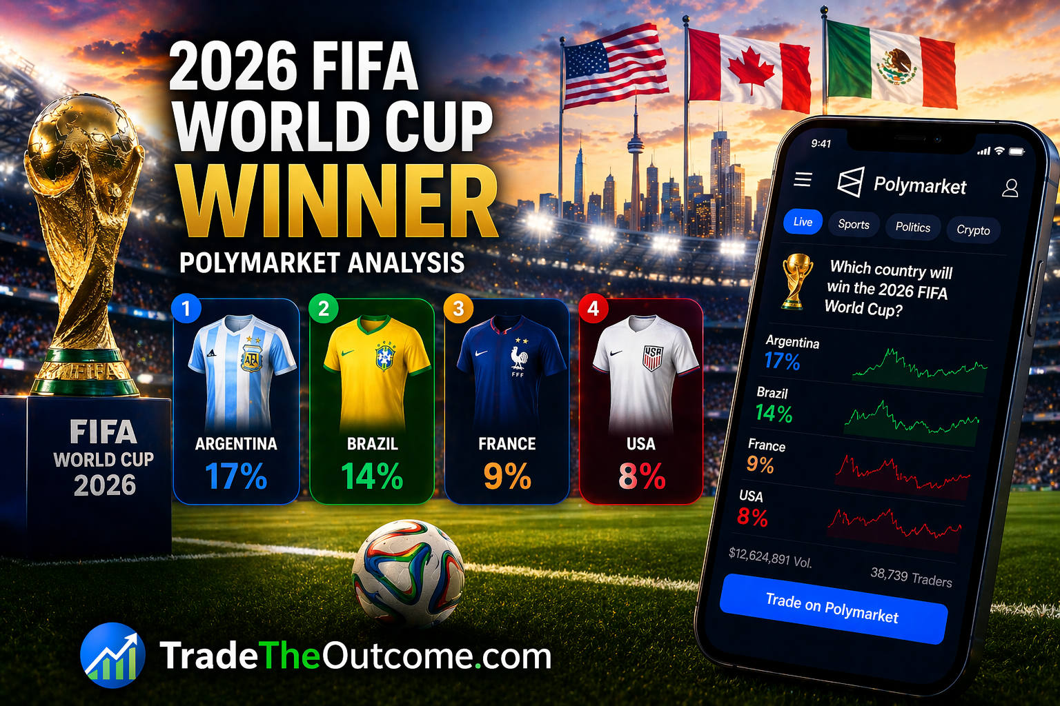 2026 FIFA World Cup winner Polymarket analysis infographic showing football stadium with World Cup trophy and national team jerseys, a smartphone displaying Polymarket prediction market odds, and Tradetheoutcome.com watermark in a clean news-style design