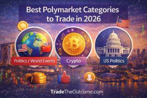 Best Polymarket categories to trade in 2026 infographic showing politics and world events, crypto, and US politics with icons, coins, charts, and Tradetheoutcome.com watermark in a clean modern design