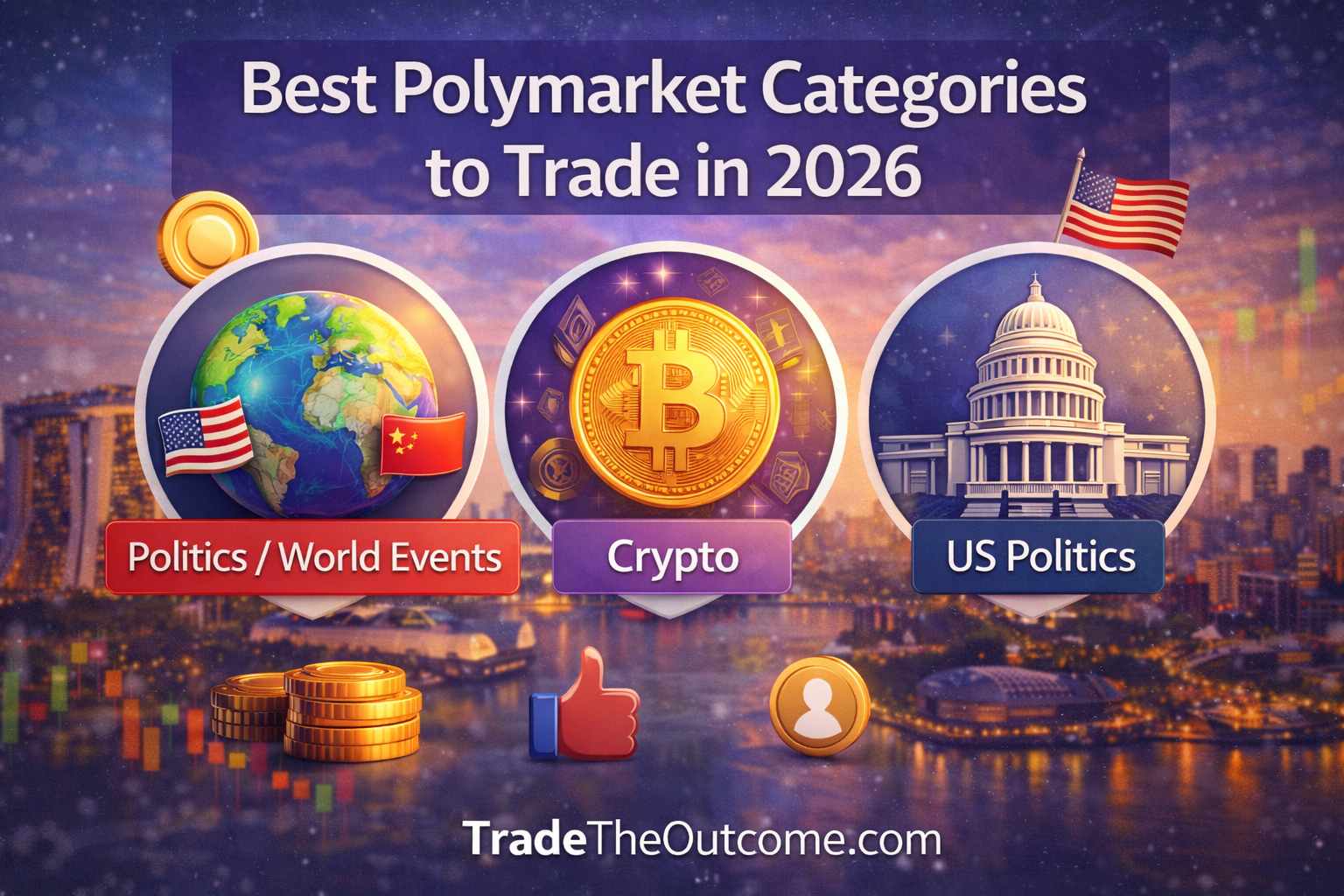 Best Polymarket categories to trade in 2026 infographic showing politics and world events, crypto, and US politics with icons, coins, charts, and Tradetheoutcome.com watermark in a clean modern design