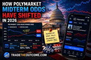 How Polymarket midterm odds have shifted in 2026 infographic showing US Capitol with political trend charts, a smartphone displaying Polymarket prediction market data, and Tradetheoutcome.com watermark in a clean news-style design