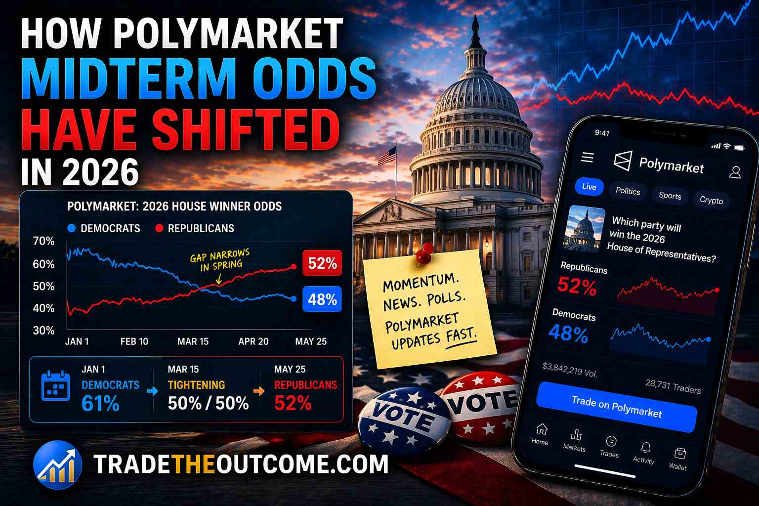 How Polymarket midterm odds have shifted in 2026 infographic showing US Capitol with political trend charts, a smartphone displaying Polymarket prediction market data, and Tradetheoutcome.com watermark in a clean news-style design