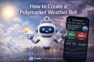 How to create Polymarket weather bot infographic showing a robot with weather icons, a smartphone displaying Polymarket app interface, and Tradetheoutcome.com watermark in a clean modern design