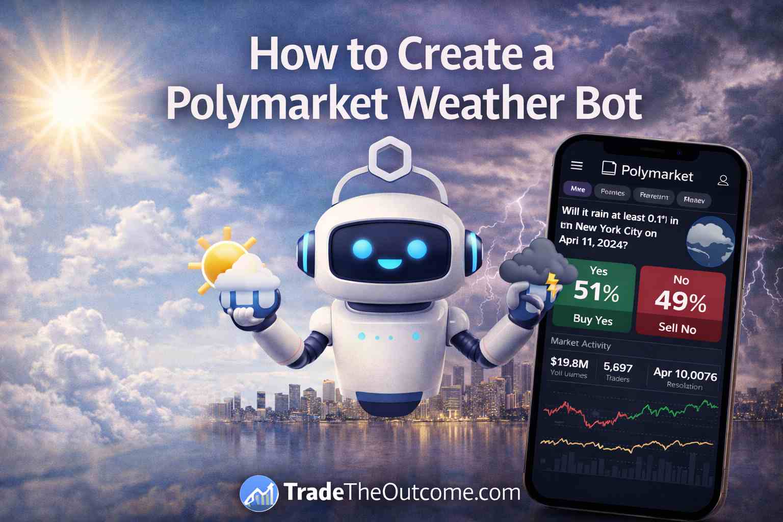 How to create Polymarket weather bot infographic showing a robot with weather icons, a smartphone displaying Polymarket app interface, and Tradetheoutcome.com watermark in a clean modern design