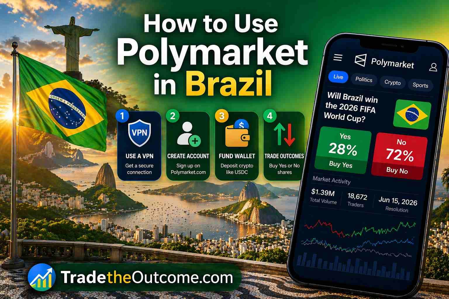 How to use Polymarket in Brazil infographic showing Rio de Janeiro skyline with Christ the Redeemer and Brazil flag, a smartphone displaying Polymarket app interface, and Tradetheoutcome.com watermark in a clean modern design