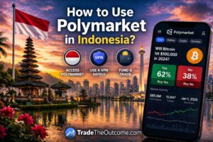 How to use Polymarket in Indonesia infographic showing Indonesia skyline and landmarks with national flag, a smartphone displaying Polymarket app interface, and Tradetheoutcome.com watermark in a clean modern design