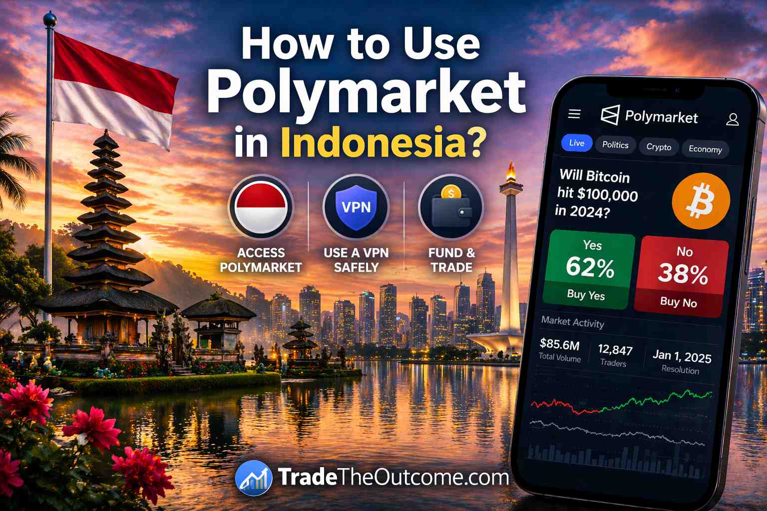How to use Polymarket in Indonesia infographic showing Indonesia skyline and landmarks with national flag, a smartphone displaying Polymarket app interface, and Tradetheoutcome.com watermark in a clean modern design