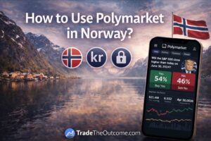 How to use Polymarket in Norway infographic showing Norwegian fjords and village scenery with Norway flag, a smartphone displaying Polymarket app interface, and Tradetheoutcome.com watermark in a clean modern design