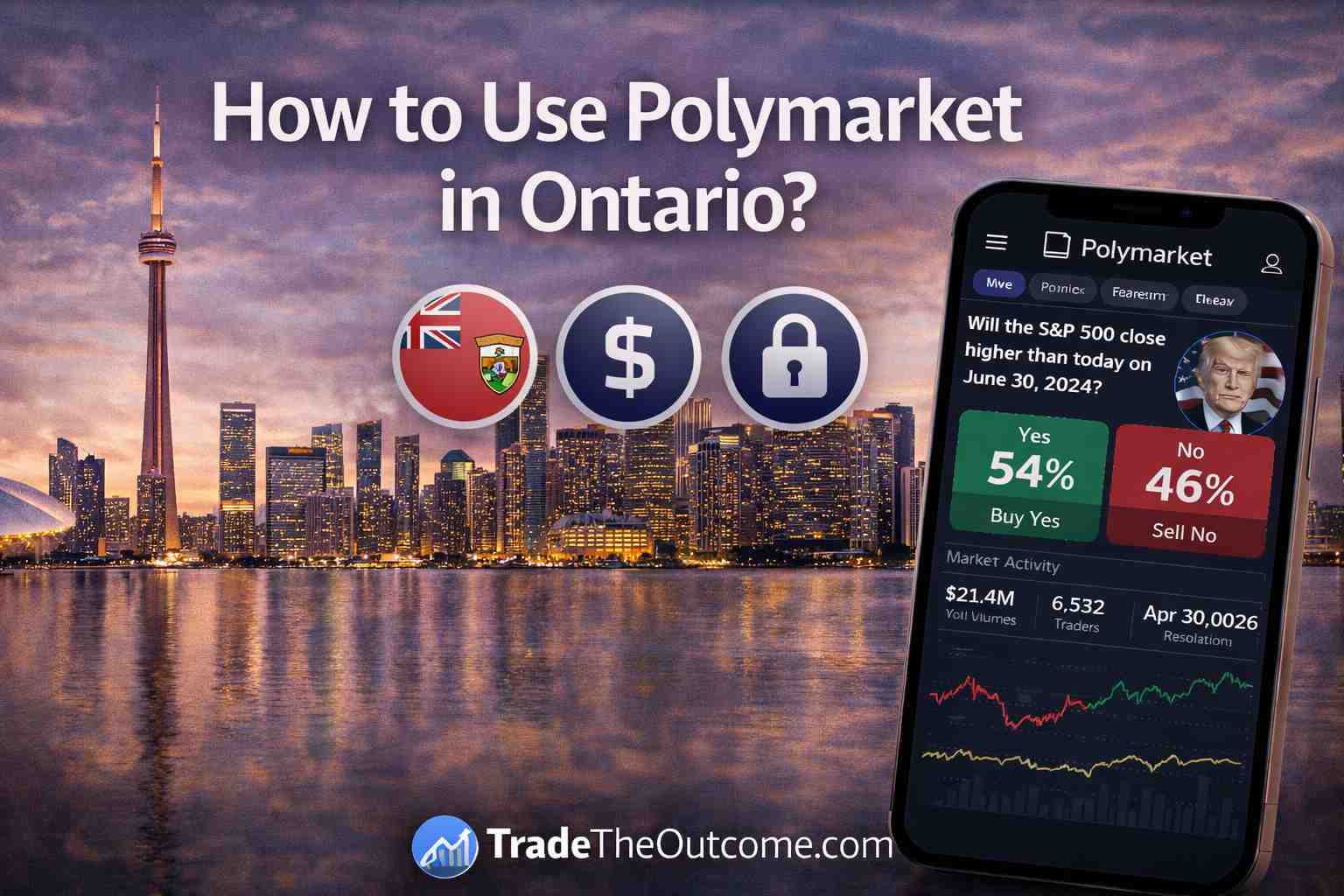 How to use Polymarket in Ontario infographic showing Toronto skyline with CN Tower, a smartphone displaying Polymarket app interface, and Tradetheoutcome.com watermark in a clean modern design