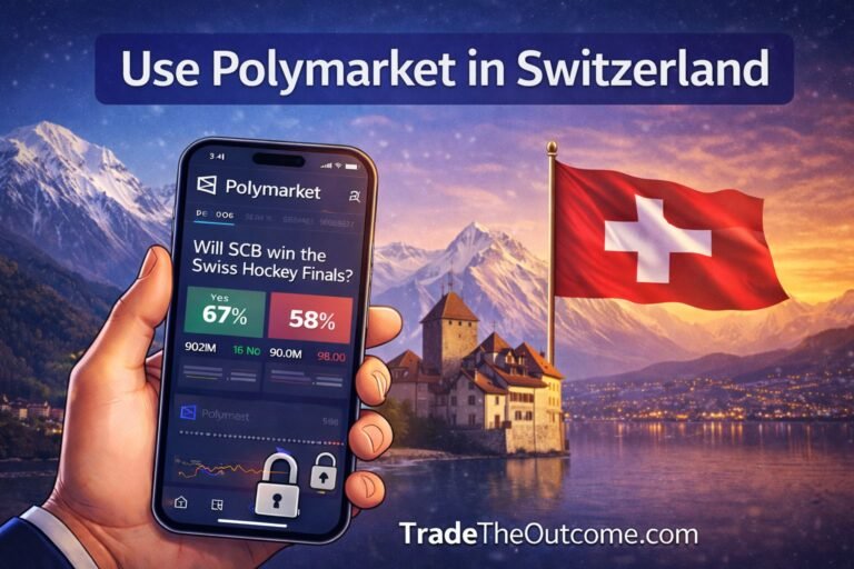 Use Polymarket in Switzerland infographic showing Swiss Alps, lake and village scenery with Swiss flag, a smartphone displaying Polymarket app interface, and Tradetheoutcome.com watermark in a clean modern design