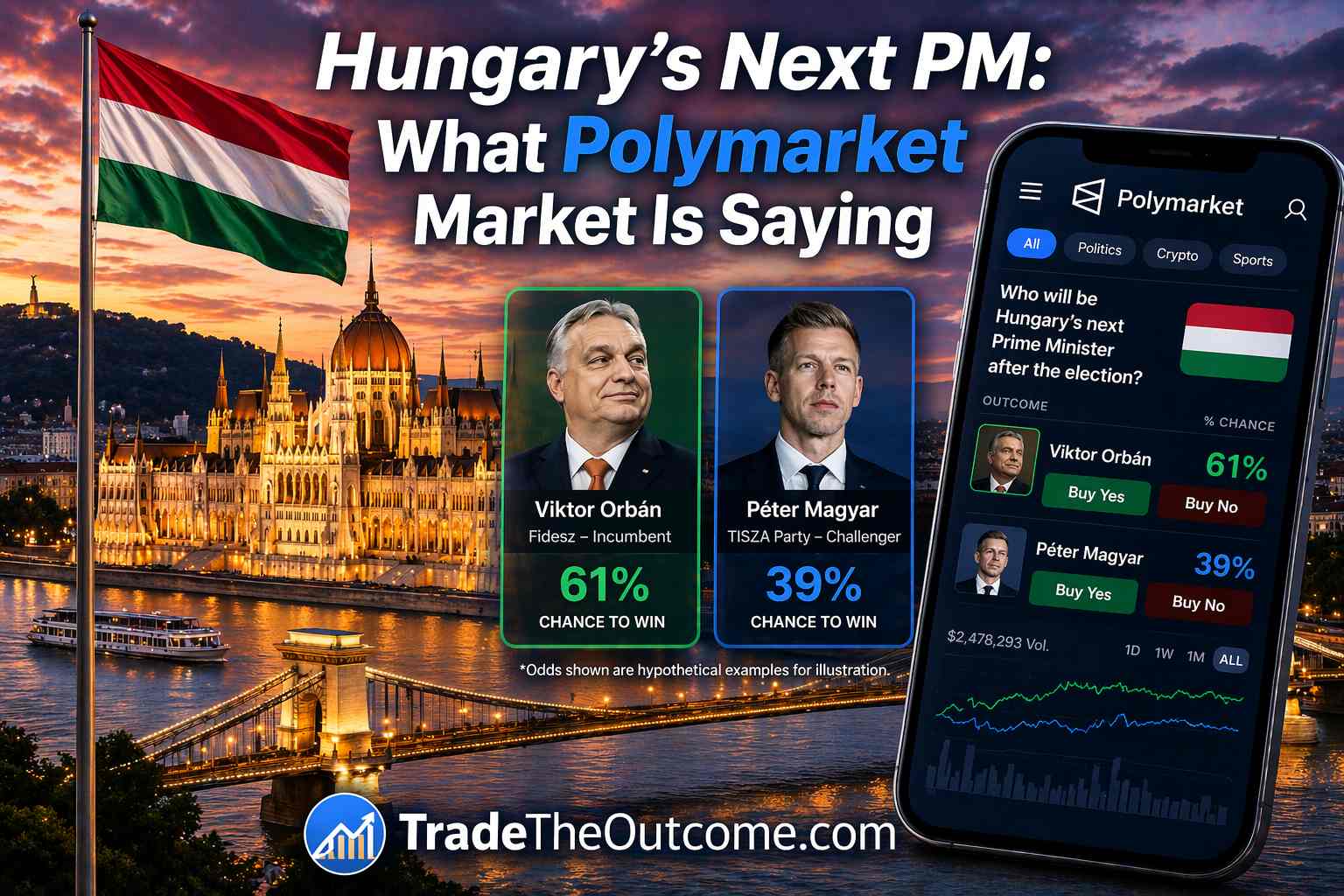 Hungary next PM Polymarket market infographic showing Hungary parliament building and national flag, a smartphone displaying Polymarket prediction market interface, and Tradetheoutcome.com watermark in a clean news-style design