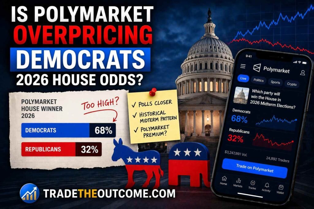 Is Polymarket overpricing Democrats 2026 House odds infographic showing US Capitol and political chart background, a smartphone displaying Polymarket prediction market data, and Tradetheoutcome.com watermark in a clean news-style design