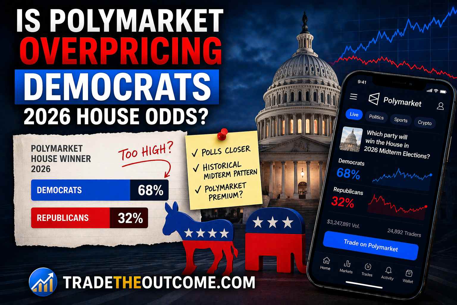 Is Polymarket overpricing Democrats 2026 House odds infographic showing US Capitol and political chart background, a smartphone displaying Polymarket prediction market data, and Tradetheoutcome.com watermark in a clean news-style design