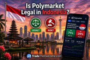 Is Polymarket legal in Indonesia infographic showing Indonesia skyline and cultural landmarks with national flag, a smartphone displaying Polymarket app interface, and Tradetheoutcome.com watermark in a clean news-style design