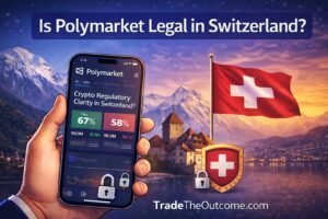 Polymarket legal in Switzerland infographic showing Swiss Alps and lakeside village with Swiss flag and shield, a smartphone displaying Polymarket app interface, and Tradetheoutcome.com watermark in a clean modern design