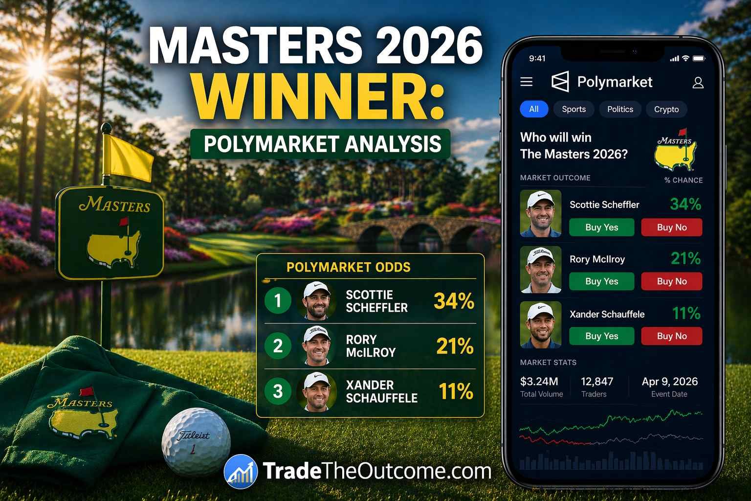Masters 2026 Winner Polymarket analysis infographic showing golf course with Masters flag and green scenery, a smartphone displaying Polymarket prediction market odds, and Tradetheoutcome.com watermark in a clean news-style design