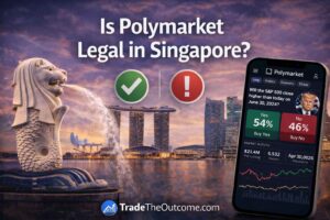 Is Polymarket legal in Singapore infographic showing Marina Bay Sands skyline and Merlion statue, a smartphone displaying Polymarket app interface, and Tradetheoutcome.com watermark in a clean news-style design