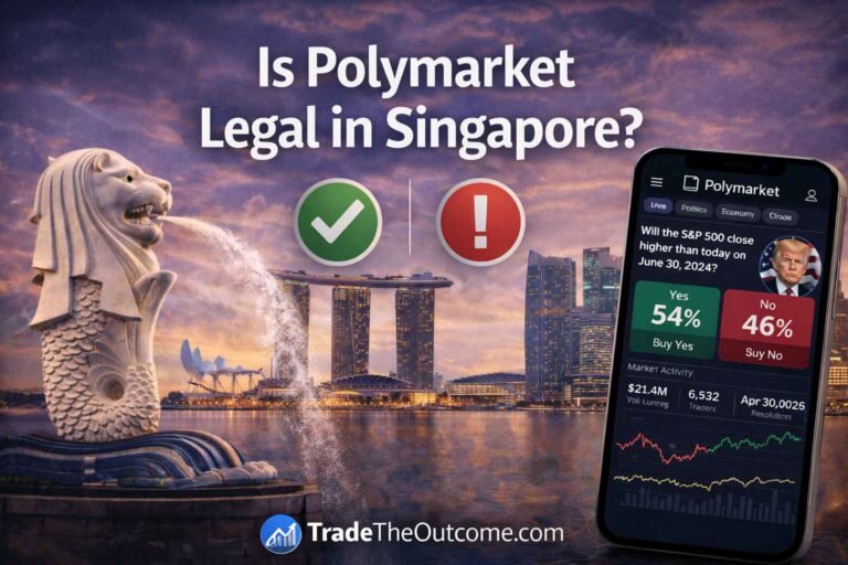 Is Polymarket legal in Singapore infographic showing Marina Bay Sands skyline and Merlion statue, a smartphone displaying Polymarket app interface, and Tradetheoutcome.com watermark in a clean news-style design