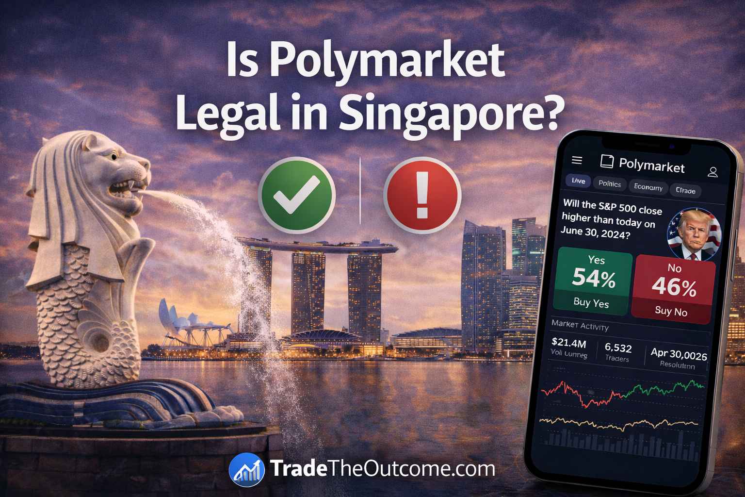 Is Polymarket legal in Singapore infographic showing Marina Bay Sands skyline and Merlion statue, a smartphone displaying Polymarket app interface, and Tradetheoutcome.com watermark in a clean news-style design