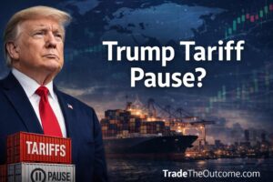 Trump tariff pause infographic showing Donald Trump with shipping port and cargo containers, a subtle financial chart background, and Tradetheoutcome.com watermark in a clean news-style design