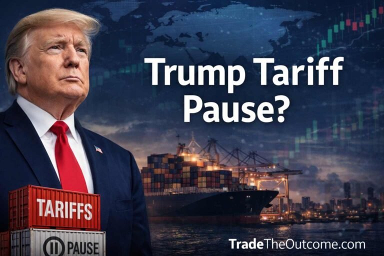 Trump tariff pause infographic showing Donald Trump with shipping port and cargo containers, a subtle financial chart background, and Tradetheoutcome.com watermark in a clean news-style design