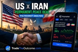 US Iran permanent peace deal Polymarket analysis infographic showing US and Iran flags with diplomatic handshake concept, subtle geopolitical background and market chart elements, and Tradetheoutcome.com watermark in a clean news-style design