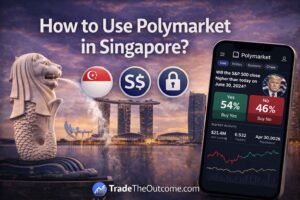 How to use Polymarket in Singapore infographic showing Marina Bay Sands skyline and Merlion statue, a smartphone displaying Polymarket app interface, and Tradetheoutcome.com watermark in a clean modern design